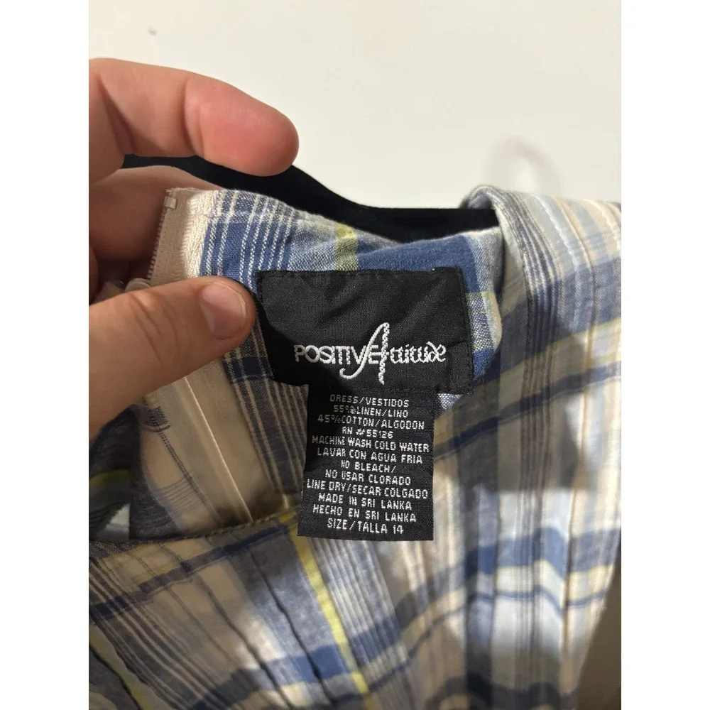 Women's Positive Attitude Blue Plaid Linen Blend Short Sleeve Midi Dress Size 14
